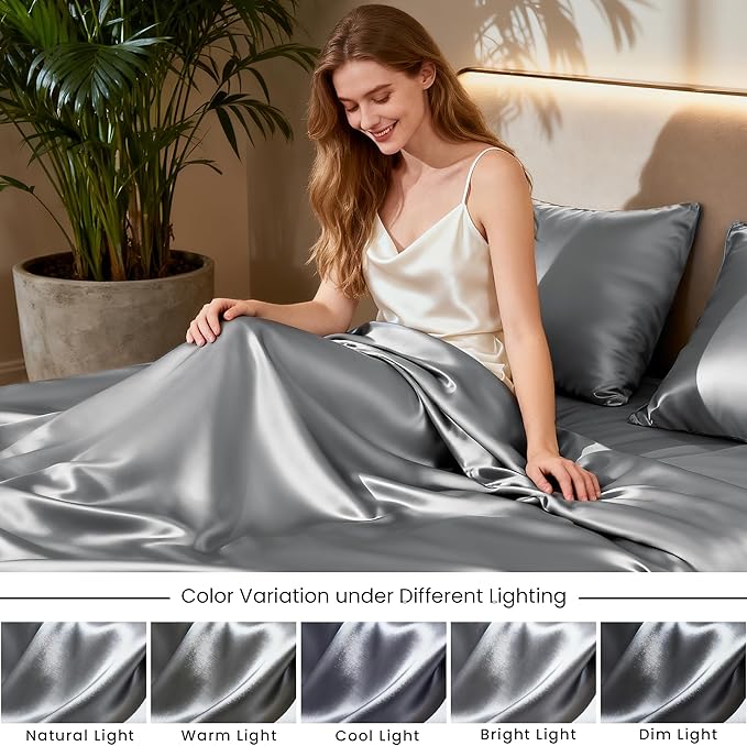 Love's cabin Twin XL Satin Sheet Sets - 3 Piece Dark Grey Silky Bed Sheets with Deep Pockets, Luxury Silk Feel Satin Sheet Set Twin XL (1 Flat Sheet,1 Fitted Sheet,1 Pillow case)