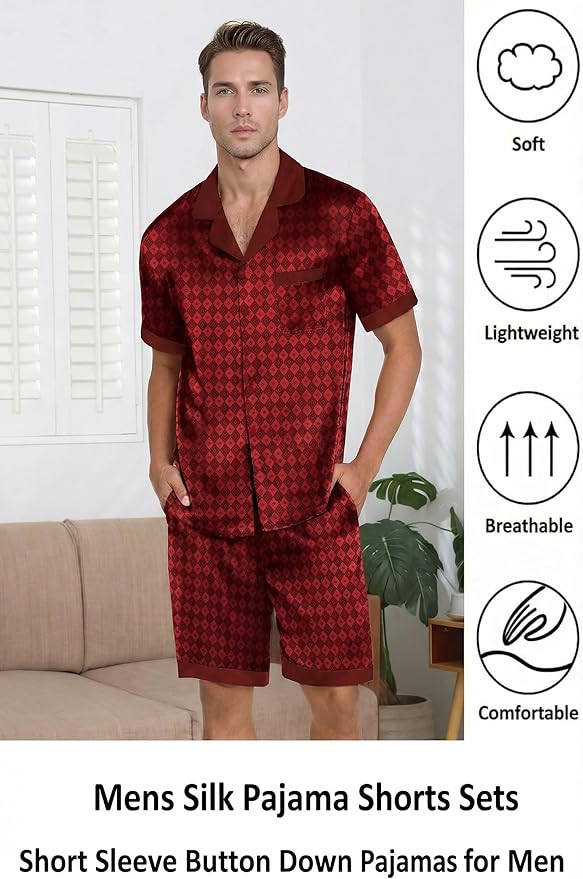 Ekouaer Men Satin Silk Pajamas Set with Pockets Sleepwear Shorts Satin Summer Loungewear 2 Piece Button Down Set S-3XL