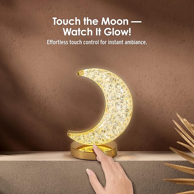 Luze ZE Crescent Moon Desk Lamp - Rechargeable Touch Lamp, 3 Brightness Levels, Dimmable Night Light for Bedroom & Kids Room, USB Rechargeable Bedside Lamp, Warm Light, Portable, Metal & Plastic