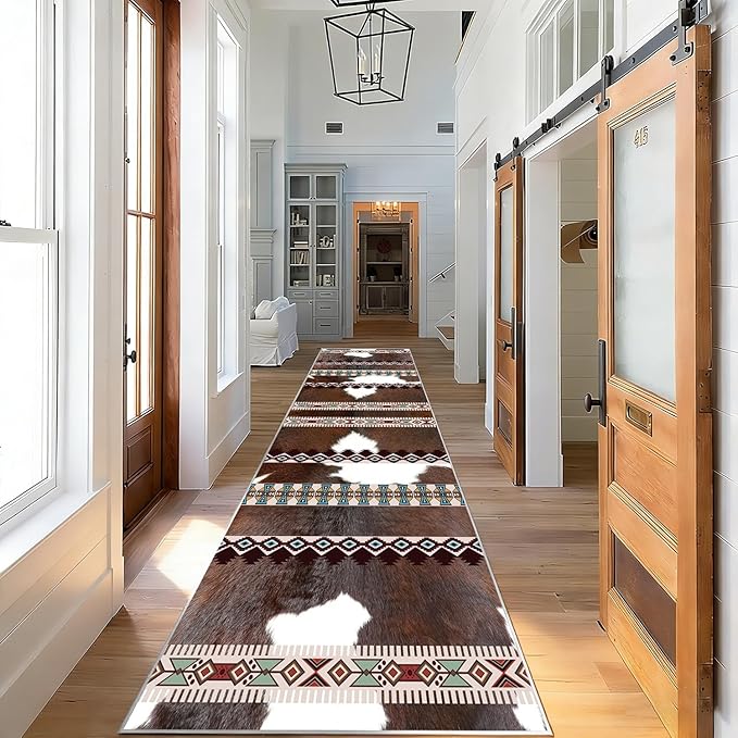 Country Cow Print Long Hallway Rug,3.3x10ft,Faux Cowhide Animal Print Southwestern Rugs,Western Aztec Tribal Decor Rustic Runner Rug, Non-Slip Washable Floor Mat for Kitchen Bedroom