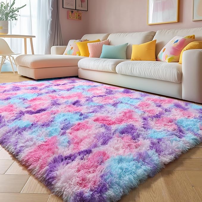 Amdrebio Hot Pink Rainbow Area Rug for Girls Room 4x6, Soft Fluffy Cute Fuzzy Colorful Kids Rugs for Bedroom Nursery Playroom Classroom, Shaggy Floor Princess Carpet for Baby Toddler Teen, Home Decor