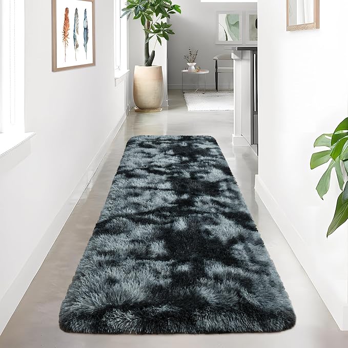 Noahas Runner Rug for Hallway,2'x6' Tie-Dyed Black and Grey Long Area Rugs for Bedroom Living Room,Non Slip Thick Shag Carpet for Entryway Dorm Bedside Kids Room