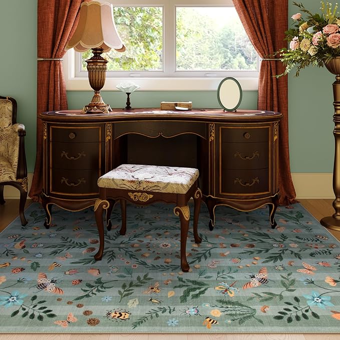Lahome Chloe Insect Botanical Washable Rugs 5x7 Green Area Rugs for Living Room, Non Slip Rug for Bedroom, Boho Indoor Dining Room Carpet for Under Table Entryway Kitchen Office(Green,5x7)