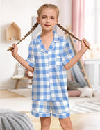 EPLAZA Kids Satin Pajamas Sets Girls Boys Button-Down Silky Pajamas Sleepwear with Hairband Eye Mask Hair Tie