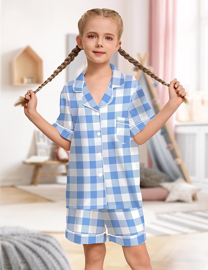 EPLAZA Kids Satin Pajamas Sets Girls Boys Button-Down Silky Pajamas Sleepwear with Hairband Eye Mask Hair Tie