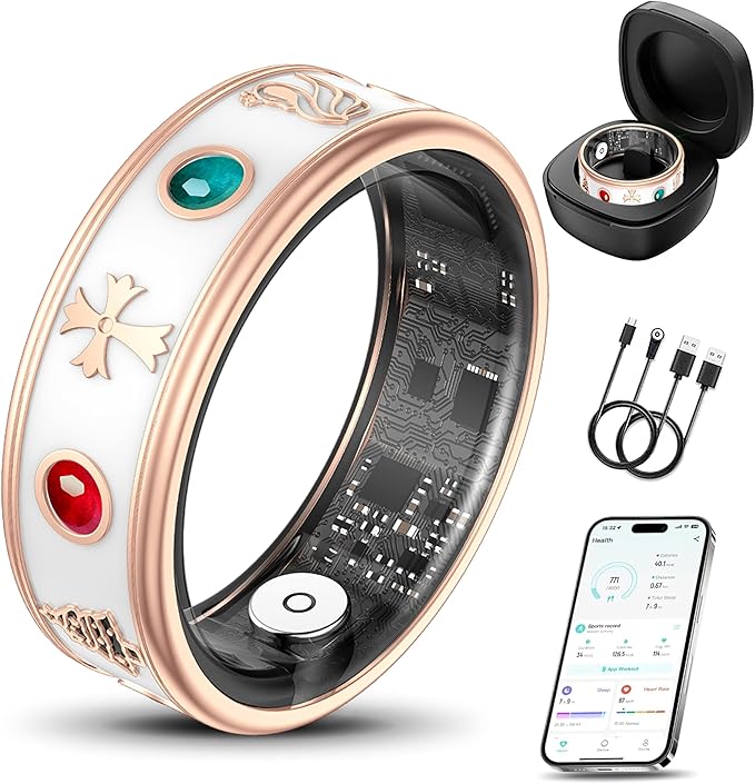 Smart Ring for Women,Fitness & Activity Tracker with Blood Pressure/Heart Rate Monitor, Sleep Tracker, Step Counter, IP68 Waterproof Ring for iOS&Android,Fast Charge,No Subscription (Rose Gold,Size10）