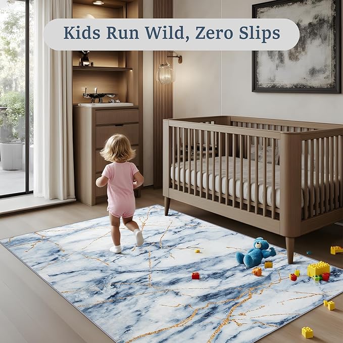 CRYPTOLITE Abstract Area Rug 4x6 Washable Rug with Non-Slip Backing Low Pile Area Rug Area Rugs for Living Room, Bedroom, Dining Room, Blue