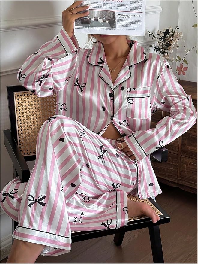 WDIRARA Women's 2 Piece Bowknot Print Satin Pajama Set Long Sleeve Button Down Lounge Pants Sleepwear Sets