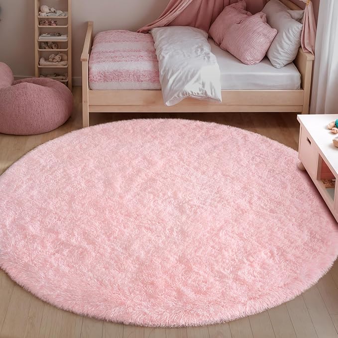 Blivonta Pink Round Rug for Bedroom, 4Ft Fluffy Circle Area Rugs for Living Room, Shag Fuzzy Carpet for Kids Room, Nursery, Dorm, Classroom, Teen, Cute Baby Play Mat Home Decor Aesthetic