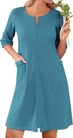 Ekouaer Women Zipper Robes Knee Length Waffle Knit Bathrobe Lightweight House Coat with Pockets 3/4 Sleeves Loungewear S-3XL