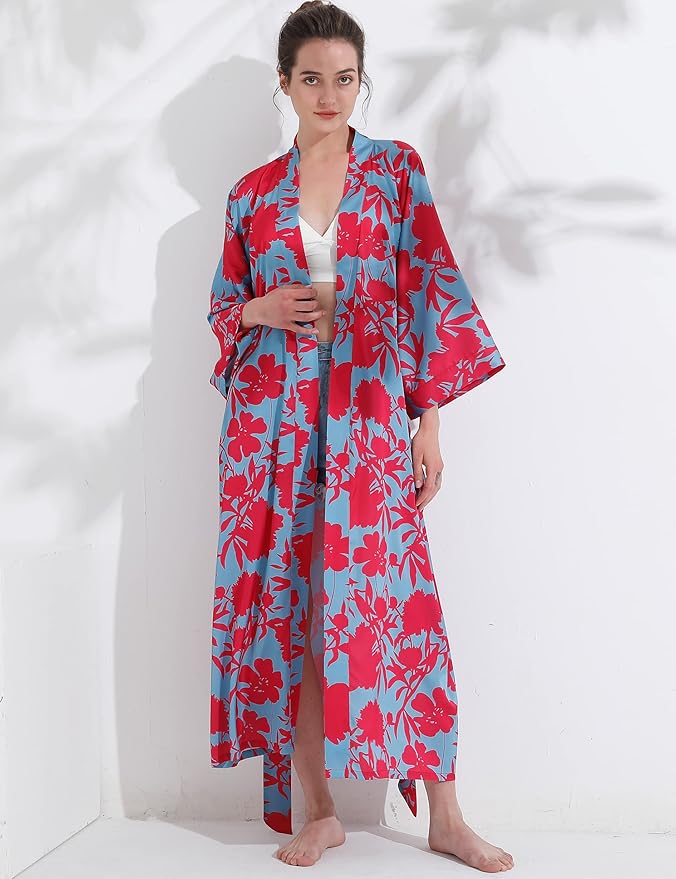 Aensso Long Soft Lightweight Silky Kimonos Robes for Women, Luxury Japanese Floral Womens Kimono Robe
