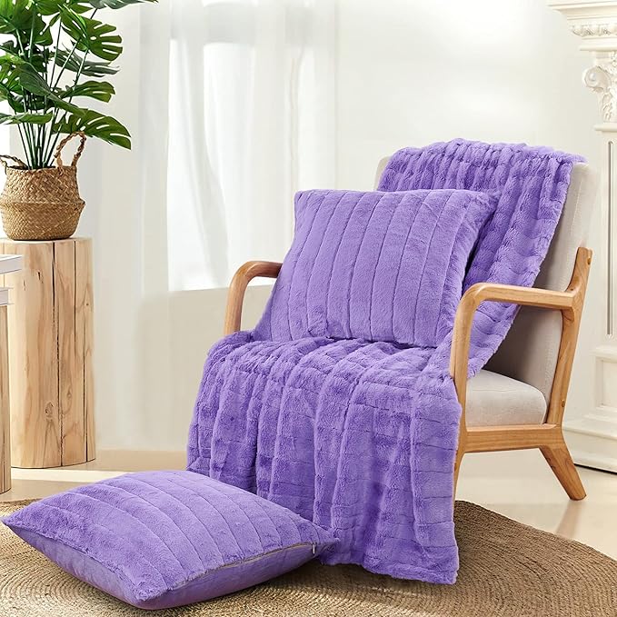 Striped Throw Blanket and Pillow Covers Set (No Inserts) for Couch and Bed, Plush Warm Lightweight Fuzzy Faux Fur Blanket for All Seasons (60" x 80", Purple)