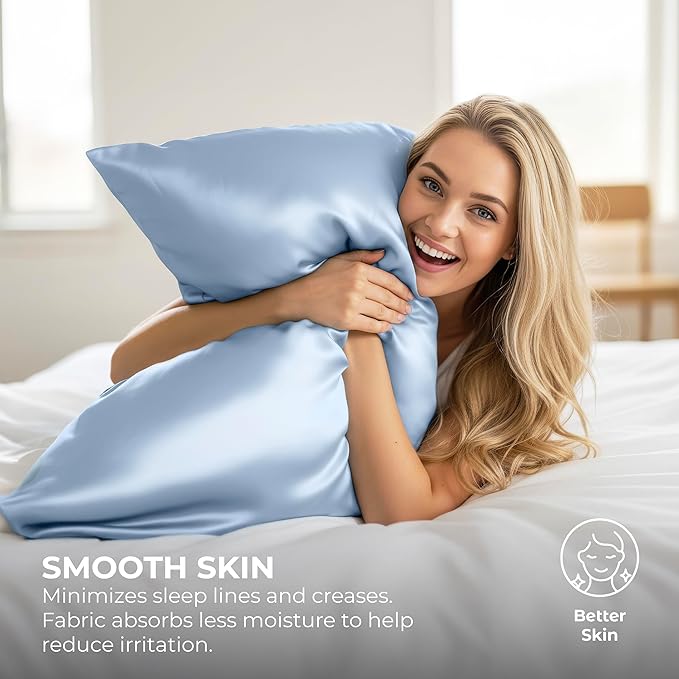 Pure Bedding Satin Pillowcase 2 Pack - Queen Size (20"x30", Baby Blue) - Silky Pillow Cases for Hair and Skin - Satin Pillow Covers with Envelope Closure - Extra Soft Premium Microfiber