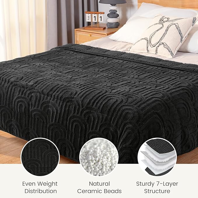 Sherpa Fleece Adult Weighted Blanket Great for Sleep, 15 lbs Dual Sided Soft Fuzzy Heavy Blankets for Couch Bed Sofa, Cozy Warm Fluffy Arched Jacquard Throw for Winter (Black, 48" x 72", 15 Pounds)