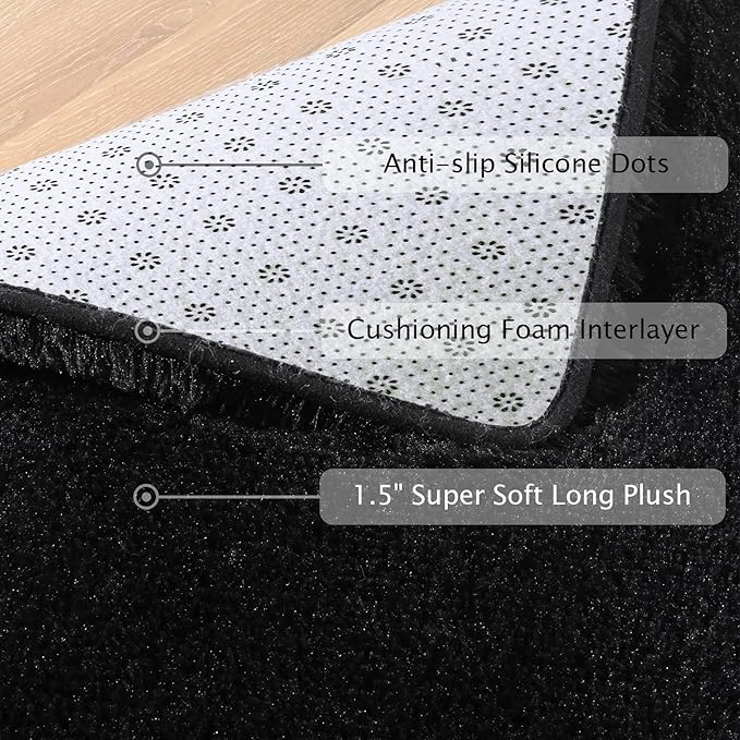Softlife Black Area Rug for Bedroom, Fluffy Shag Plush Rugs for Living Room Girls, Shaggy Throw Soft Fuzzy Small Kids Carpet for Dorm Bedside Ultra Cozy Non-Slip Indoor Decor, 4x5.3 Feet