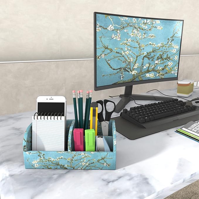 QIELIZI PU Leather Supply Organizer,Remote Control Holder Multifunctional Office Stationery Storage Box Organizer,Pencil Holders Organizers Table Top Desktop Desk Accessories(1-Peach Blossom)