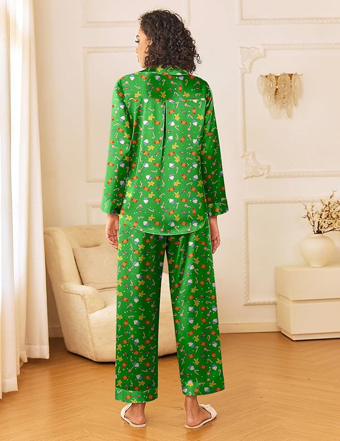 Ekouaer Womens Silk Satin Pajama Sets 2 Piece Sleepwear Pjs Set Long Sleeve Button Down Top and Pants Stripe Loungewear S-XXL
