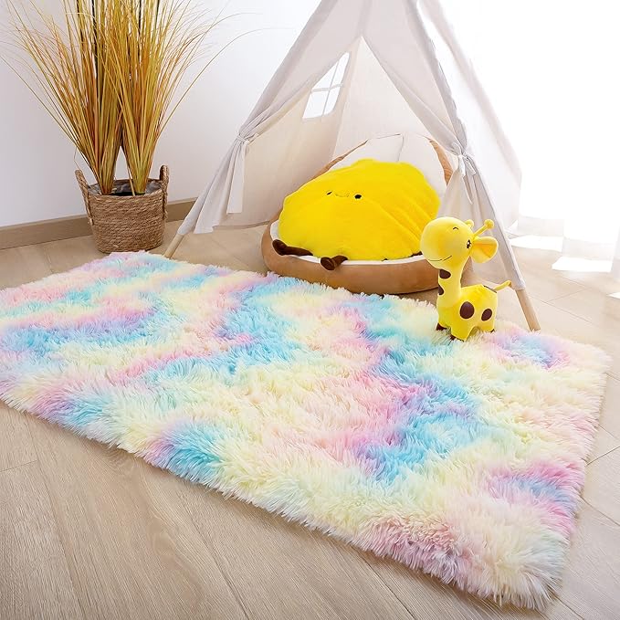 Noahas Fluffy Rainbow Rugs for Bedroom Girls,2x4 Shag Pink Kids Room Rug,Shaggy Area Rugs for Living Room,Soft Fuzzy Colorful Playroom Nursery Dorm Carpets Room Decor
