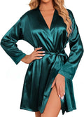 Ekouaer Women's Satin Robe Short Bridesmaid Bride Feather Bridal Robe Kimono Silky Long Sleeve Bathrobe S-XXL