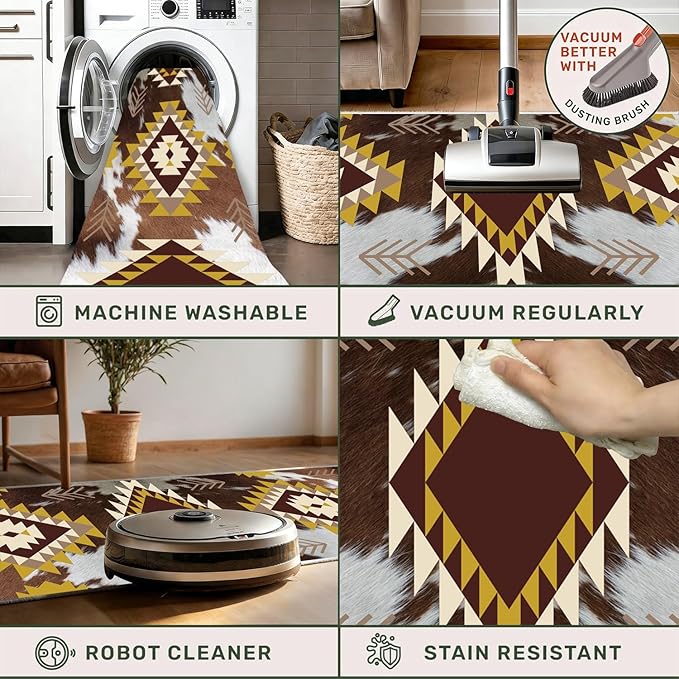Western Rugs for Living Room,2x8ft,Moroccan Geometric Runner Rug,Cow Print Decor Faux Cowhide Rug,Machine Washable Western Decor Hallway Runner Rugs,Floor Mat for Kitchen, Bedroom Entrance,