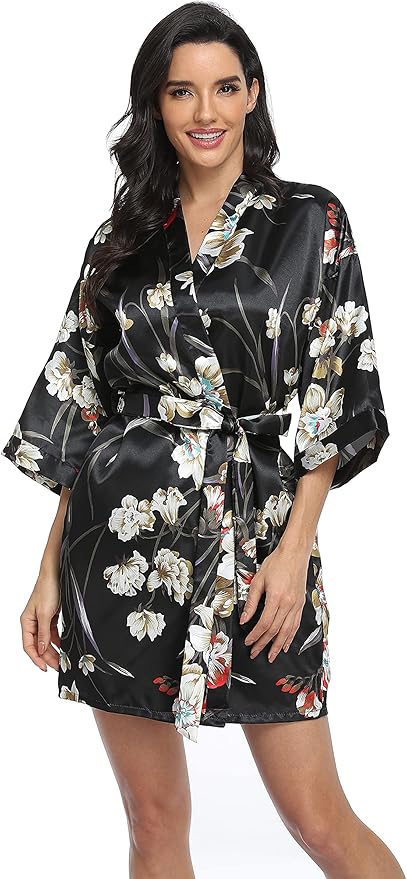 Women's Floral Satin Robes Bride Bridesmaid Getting Ready Robe Short Silky Kimono Sleepwear for Wedding Party