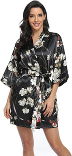 Women's Floral Satin Robes Bride Bridesmaid Getting Ready Robe Short Silky Kimono Sleepwear for Wedding Party