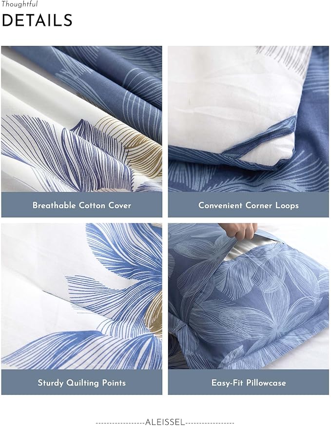ALEISSEL Natural Cotton 3pcs Floral Comforter Sets Queen Size - Grayish White Comfoter with Blush & Tan Floral Print, Aegean Blue Reverse, Vintage Lightweight Bedding Sets(Queen 90"×90")