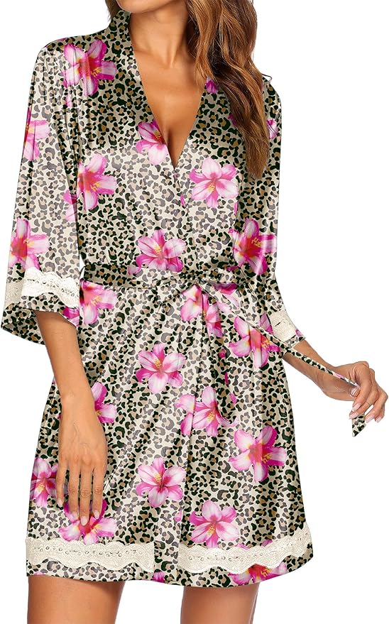 Ekouaer Women's Lace-Trim Silk Robes Bride Bridesmaid Kimono Satin Bathrobe V Neck Sleepwear with 3/4 Sleeve