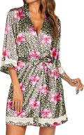 Ekouaer Women's Lace-Trim Silk Robes Bride Bridesmaid Kimono Satin Bathrobe V Neck Sleepwear with 3/4 Sleeve