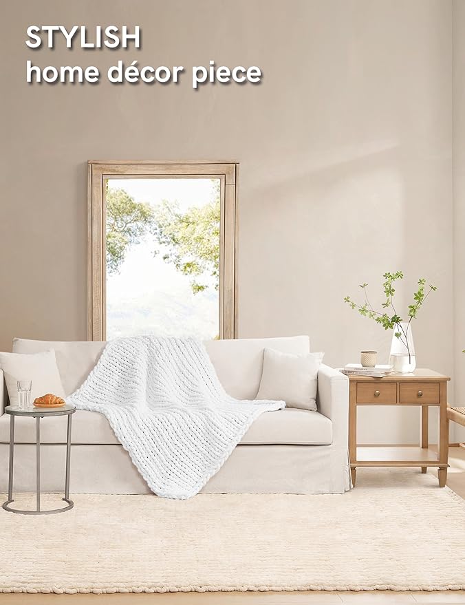 YnM Chunky Throw Blanket, Medium-Weight, Hand Knitted with Chenielle Yarn, Skin Friendly, Ventilated and Breathable, Machine Washable, Home Décor Piece for Couch, Sofa and Bed (White, 40x50 Inch)