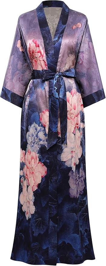 PRODESIGN Kimono Robes for Women - Long Silky Sleepwear Nightgown Bathrobe Floral Dressing Gowns Blouse Bride Bridesmaid Robe