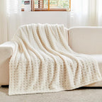 NEWCOSPLAY Super Soft Twin Blanket Ivory Premium Silky Flannel Fleece 3D Waffle Checkered Lightweight Bed Blanket All Season Use (Ivory, Twin(60"x80"))