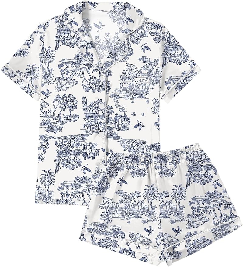 LYANER Women's Silky Satin Pajamas Set Short Sleeve Button Down Shirt With Shorts Pjs Set Sleepwear