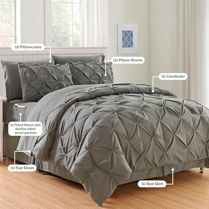 Elegant Comfort 8-Piece Pinch Pleated Comforter Set - All Season Complete Bed in a Bag, Includes 4pc Smart Sheet Set, Bed Skirt, Comforter, Matching Pillowcases and Shams, King/Cal King, Gray