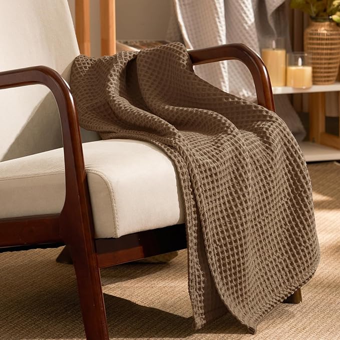 PHF Ultra Soft Waffle Weave Throw Blanket 50"x 60"- Washed Lightweight Breathable Cozy Woven Blanket for Bed - Aesthetic Decor for Couch Bedding Sofa Home Car - Mocha