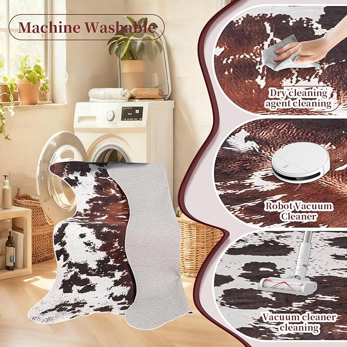 Cow Print Rug, Faux Fur Western Rug 5.2x6.5 Feet Non-Slip Animal Print Washable Faux Cashmere Carpet for Living Room, Western Bedroom Decor, Rustic Farmhouse Home Office