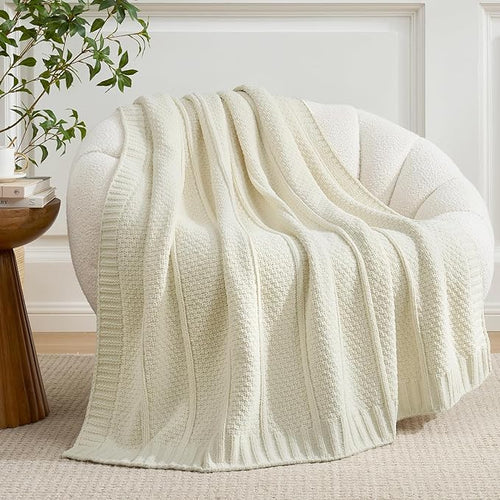 Amélie Home Premium Chenille Throw Blanket, Soft Cozy Moss Stitch Knit Blanket for Couch, Sofa, Chair, Home Decor, Ivory 50"x60"