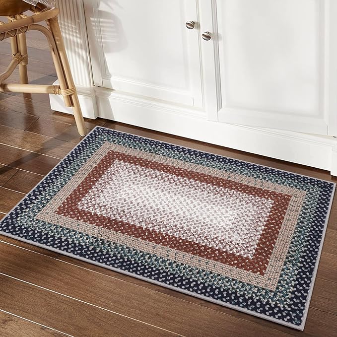 RUGSREAL Entryway Area Rug 2x3 Small Rug Machine Washable Bedroom Area Rug Non Slip Bathroom Mat Stain Resistant Farmhouse Carpet Modern Rustic Rug for Living Room Dining Room, Olive/Brown