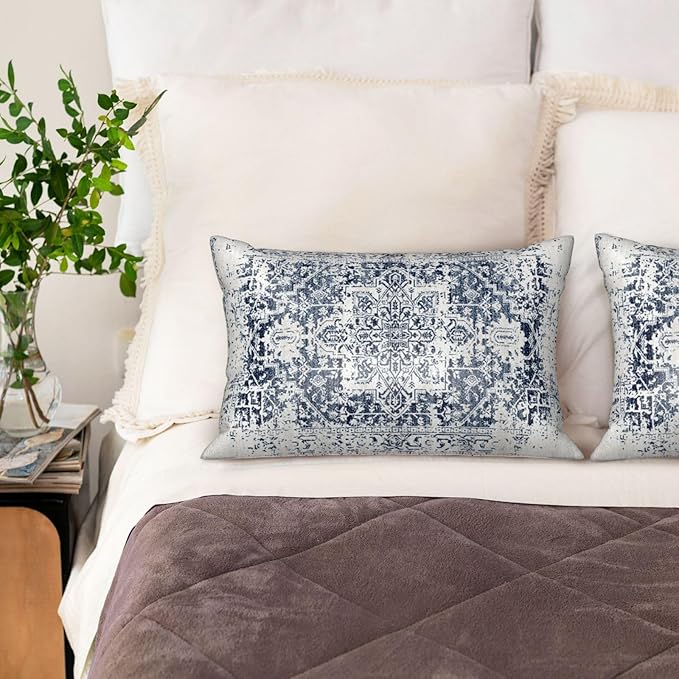 Silk Like Pillowcase for Hair and Skin Retro Boho Blue Carpet 1 Pack Satin Pillowcase with Hidden Zipper Soft Breathable Smooth Cooling Pillow Cover Standard Size for Bedroom Sofa 20”x26”