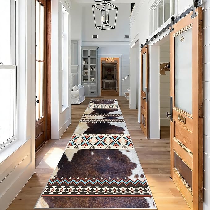 Western Rugs for Kitchen,3x12ft,Long Hallway Cow Print Rug,Western Country Farm Decor Entryway Runner Rugs,Non-Slip Washable Southwest Aztec Rugs,for Bedside Bedroom Entrance Carpet