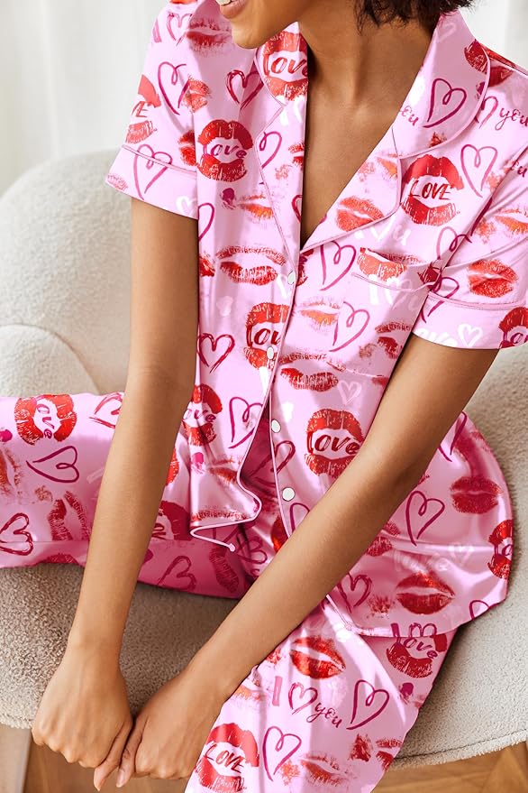 Ekouaer Silk Satin Pajamas Set Women Short Sleeve Sleepwear Soft Button Down Loungewear Pjs Set