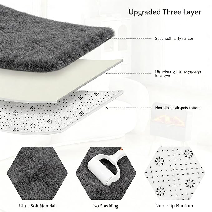 5x7 Area Rug Fluffy Shaggy Ultra Soft Faux Fur Non-Slip Machine Washable Carpet for Bedroom, Living Room, Nursery & Dorm Cozy Home Decor