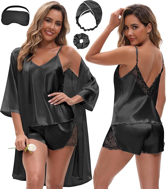 EPLAZA 3 Pcs Silk Pajamas for Women Satin Pajama Set Sexy Lace V-neck Cami Top Shorts Pjs Set with Robe Sleepwear