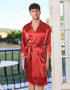Ekouaer Mens Satin Robe Lightweight Silky Kimono Bathrobe 3/4 Sleeve Spa Knee Length Loungewear with Pockets S-3XL