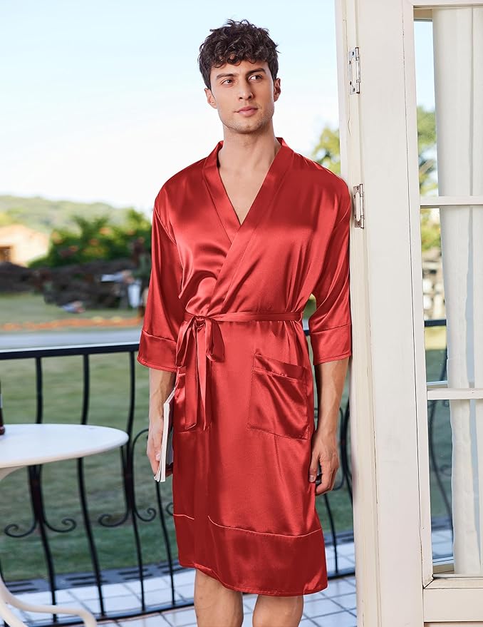 Ekouaer Mens Satin Robe Lightweight Silky Kimono Bathrobe 3/4 Sleeve Spa Knee Length Loungewear with Pockets S-3XL
