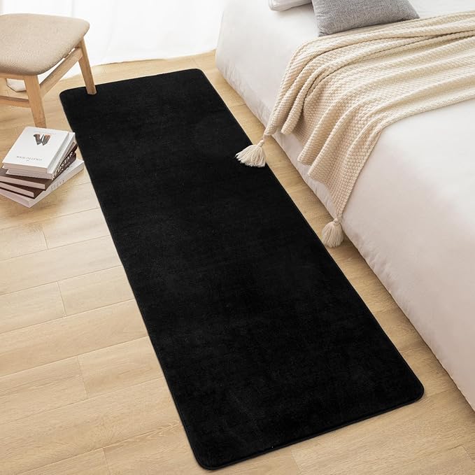Softlife 2x6 Area Rug for Bedroom Living Room, Solid Black Non-Slip Fluffy Carpet with Soft Low Pile for Kids Boys Girls, Machine Washable Runner Rugs Fuzzy Aethetic Home Dorm Decor