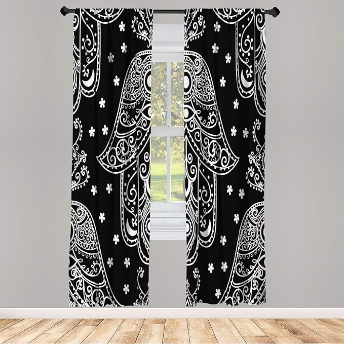 Lunarable Hamsa Window Curtains, Egyptian Boho Hand Shape Pattern Eye Design Bridal Night Inspired Art, Lightweight Decorative 2-Panel Set & Rod Pocket, Pair of - 28" x 63", Black White