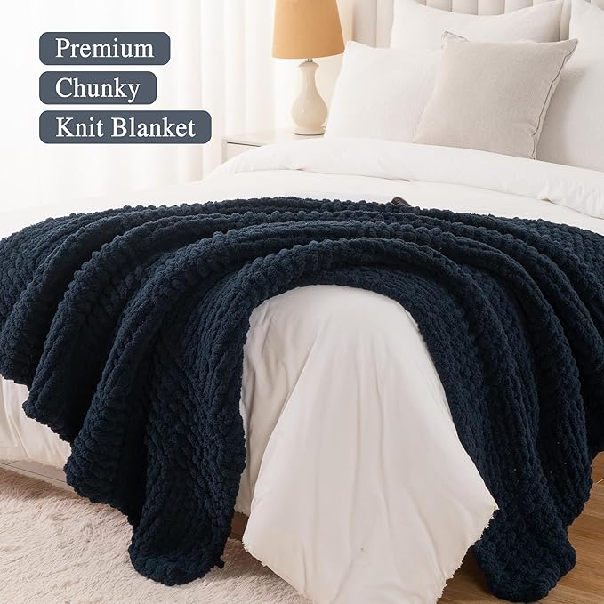 Bunnikins & Clover Navy Blue Throw Blanket for Couch, Chunky Knit Navy Throw Blanket for Home Decor, Handmade Chenille Cable Knit Throw, 50"x60"