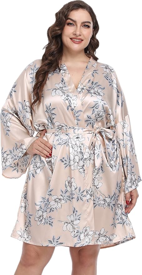Women's Plus Size Satin Kimono Robes Short Silk Bathrobe Bridesmaid Wedding Party Nightgown Sleepwear