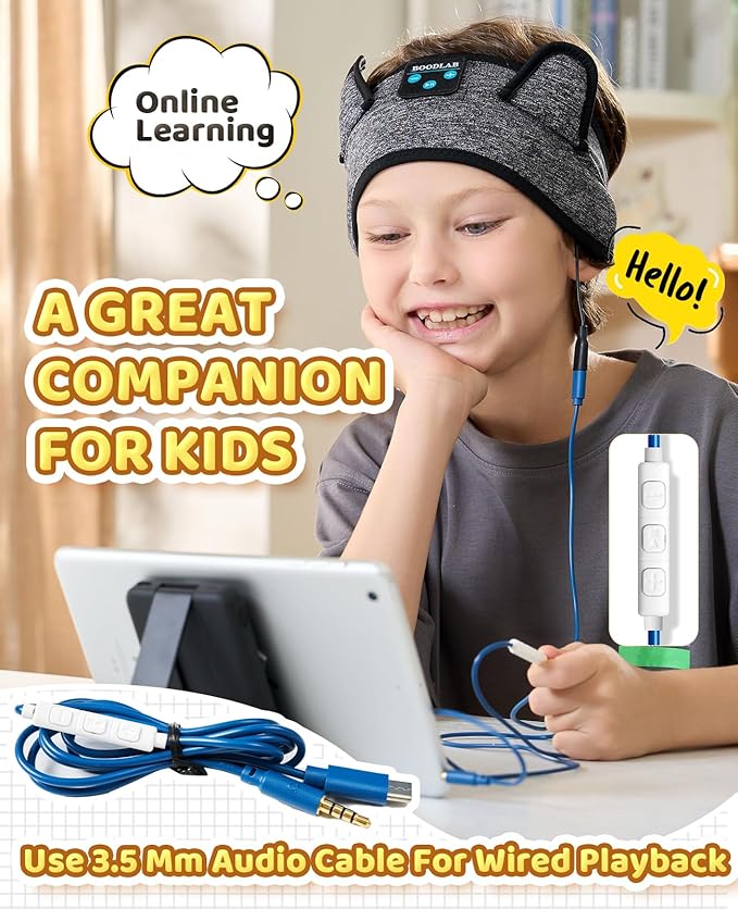 Kids Headband Headphones-Toddler Wireless Bluetooth Headphones with Safe Volume, Wired 3.5mm Jack, Adjustable Sleep Headband-for School/Airplane Travel/Tablet/Kindle, with Travel Bag - Boys & Girls